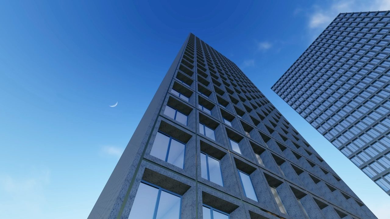 Concrete grid tower against a pale sky